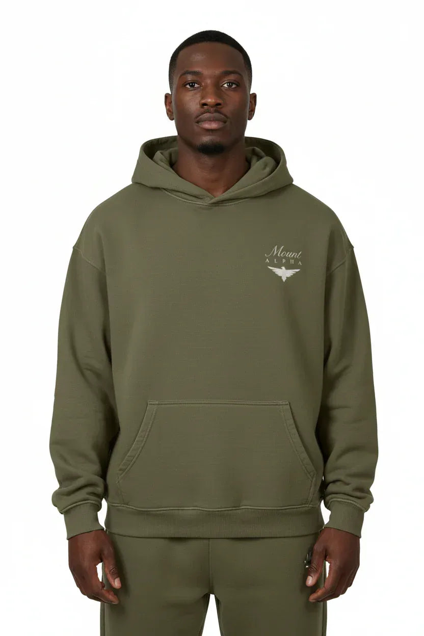 Super Heavyweight Oversized Retro Hoodie - Olive Green/White - Mount Alpha Clothing®