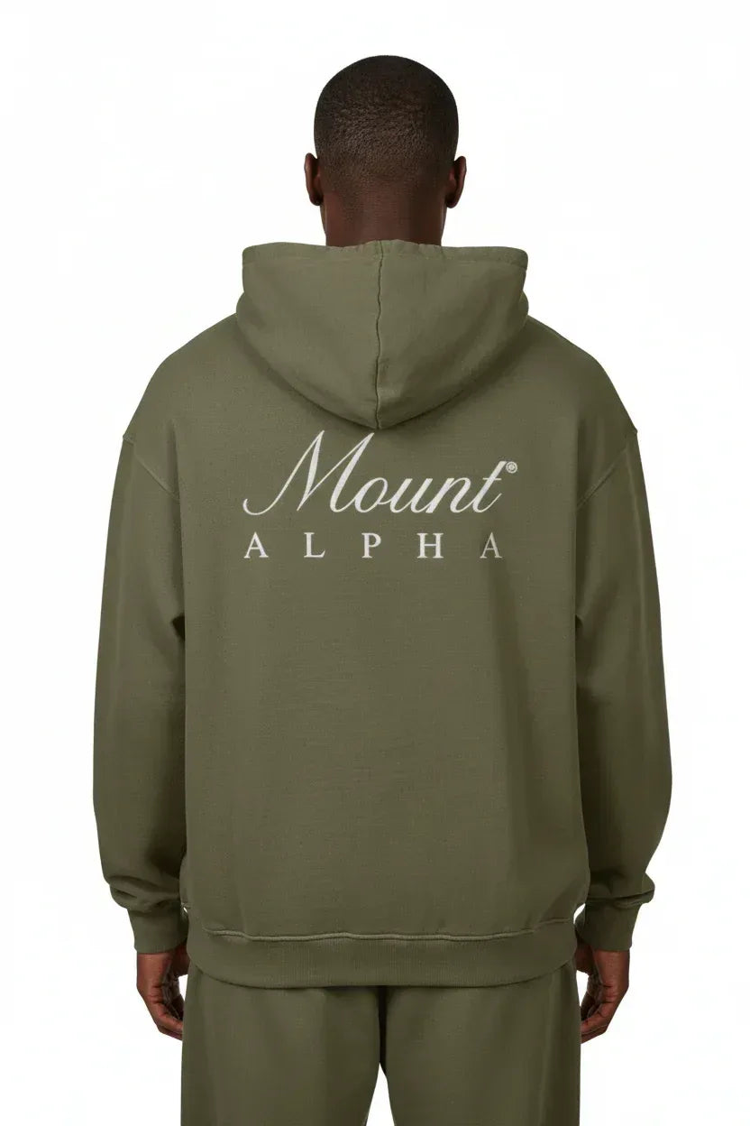 Super Heavyweight Oversized Retro Hoodie - Olive Green/White - Mount Alpha Clothing®