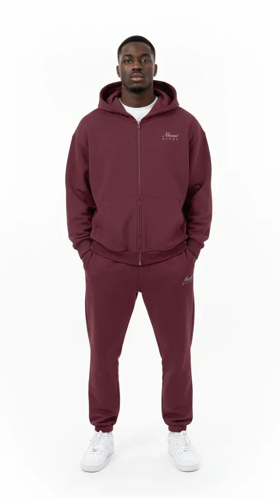 Heavyweight Full-Zip Unisex Men Hoodie - Red Burgund/Velvet Off White - Mount Alpha Clothing®