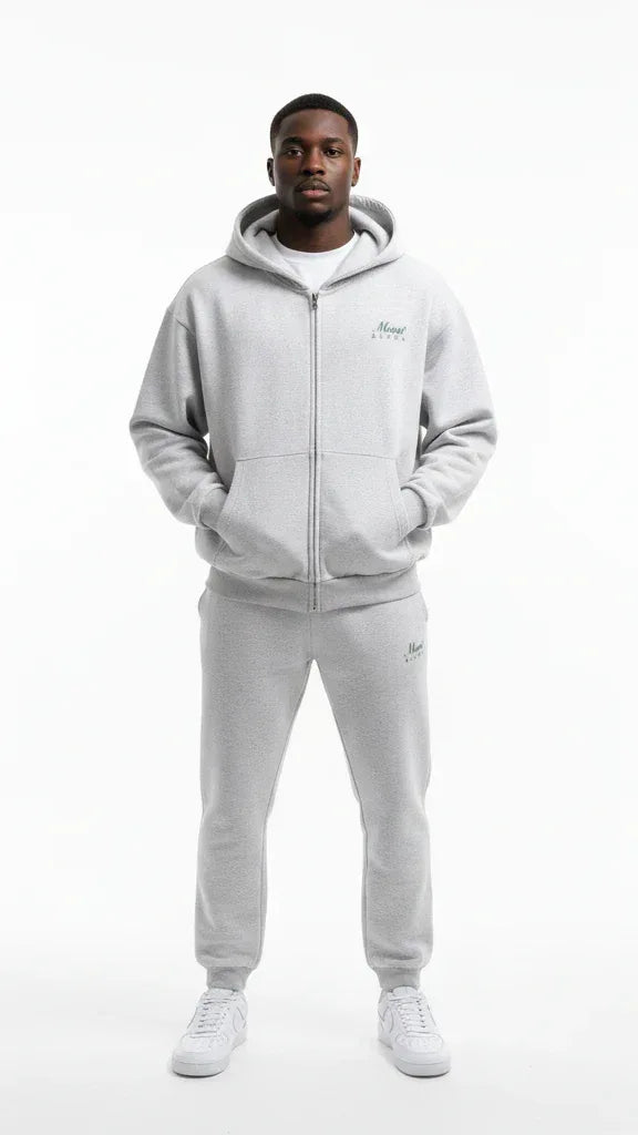 Heavyweight Full-Zip Unisex Men Hoodie - Light Gray/Velvet Green - Mount Alpha Clothing®