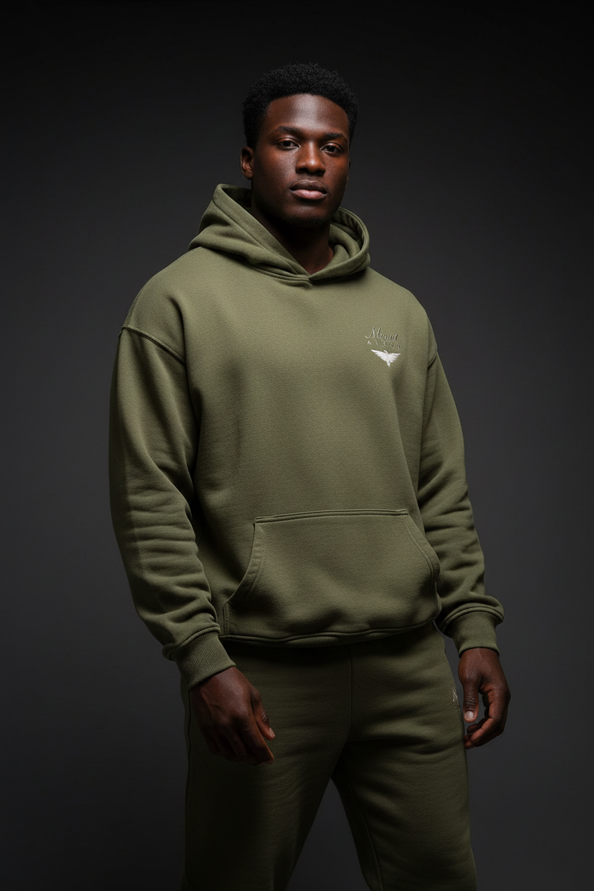 Super Heavyweight Oversized Retro Hoodie - Olive Green/White - Mount Alpha Clothing®