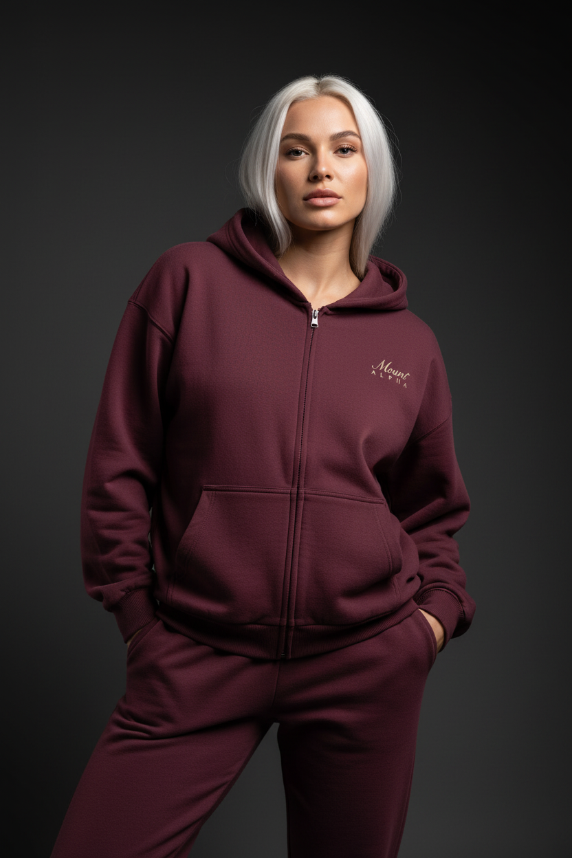 Heavyweight Full-Zip Unisex Woman Hoodie - Red Burgund/Velvet Off White - Mount Alpha Clothing®