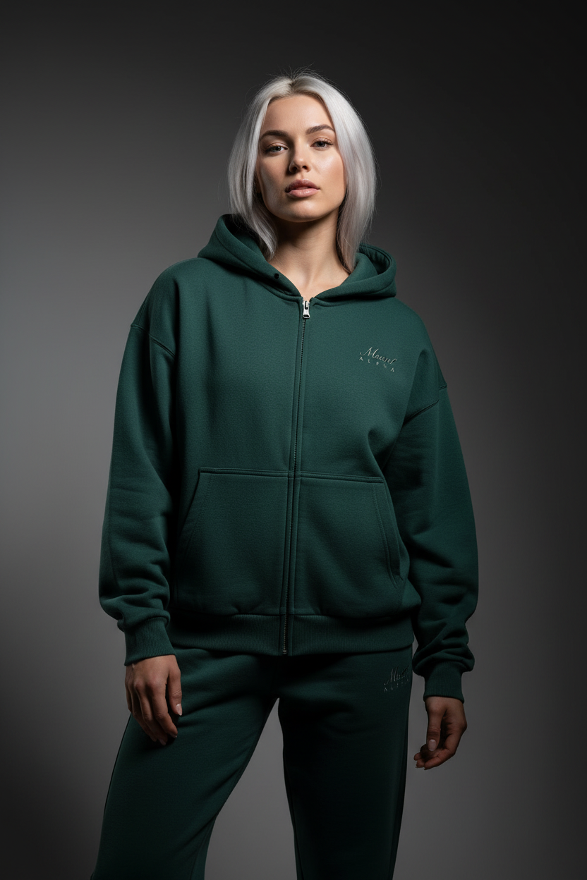 Heavyweight Full-Zip Unisex Woman Hoodie - Green/Velvet Off White - Mount Alpha Clothing®
