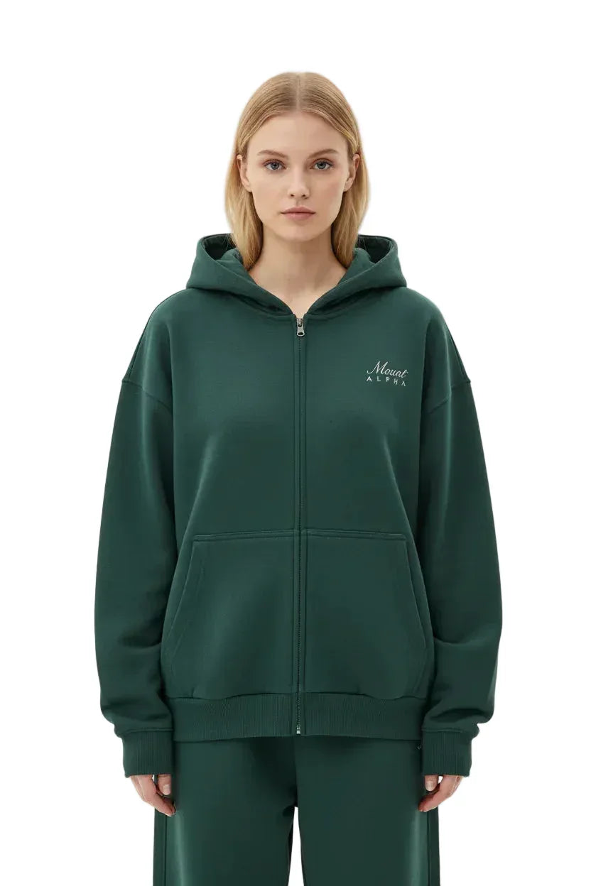 Heavyweight Full-Zip Unisex Woman Hoodie - Green/Velvet Off White - Mount Alpha Clothing®
