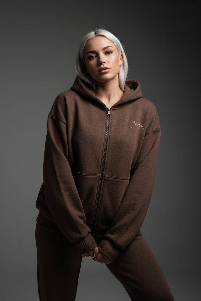 Heavyweight Full-Zip Unisex Woman Hoodie - Brown/Velvet Off White - Mount Alpha Clothing®