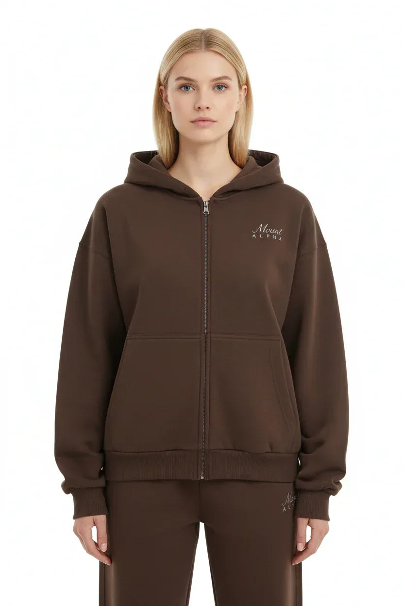 Heavyweight Full-Zip Unisex Woman Hoodie - Brown/Velvet Off White - Mount Alpha Clothing®
