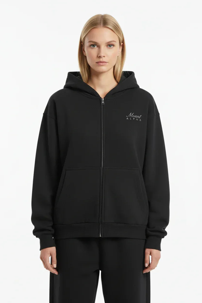 Heavyweight Full-Zip Unisex Woman Hoodie - Black/Velvet Off White - Mount Alpha Clothing®