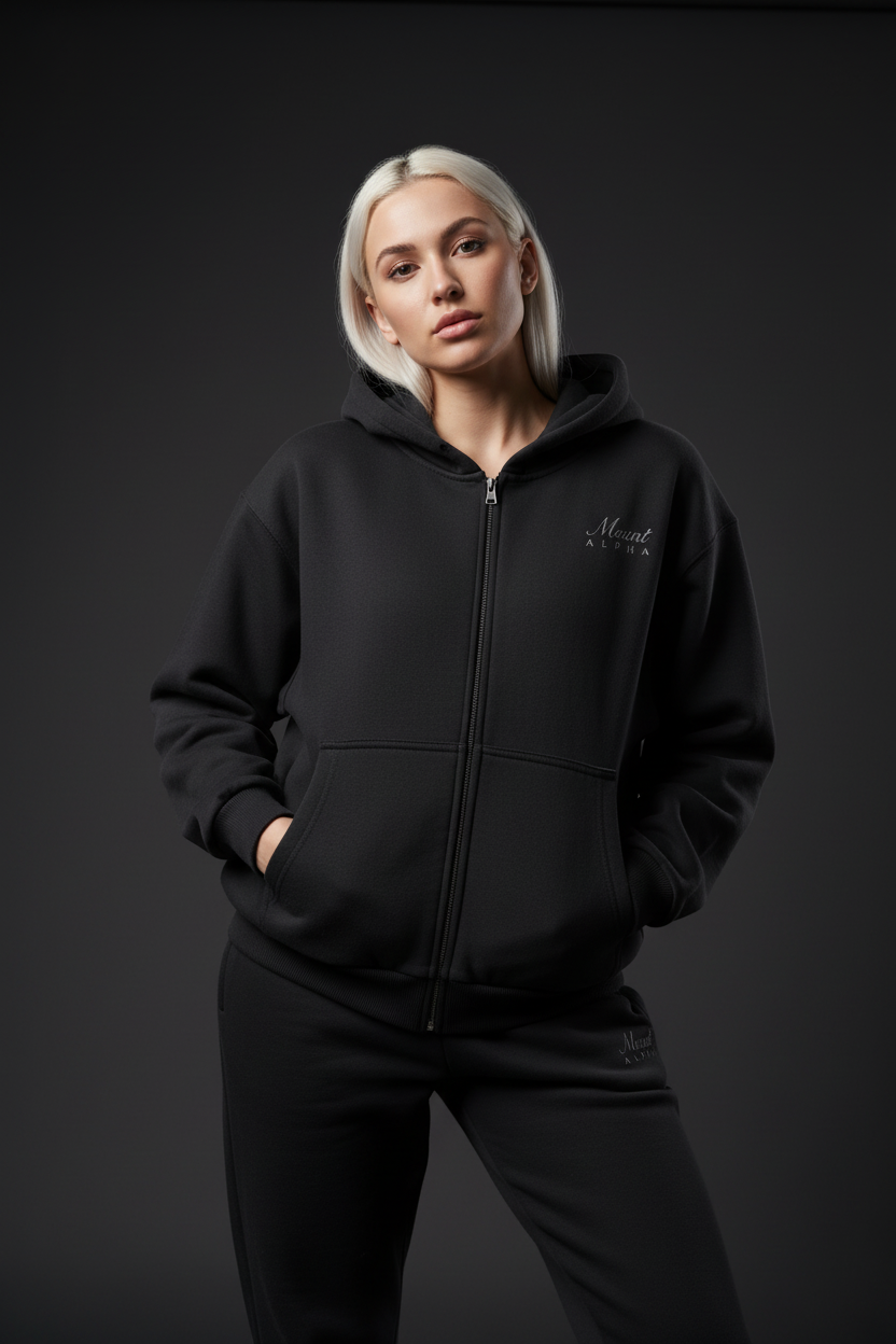 Heavyweight Full-Zip Unisex Woman Hoodie - Black/Velvet Off White - Mount Alpha Clothing®
