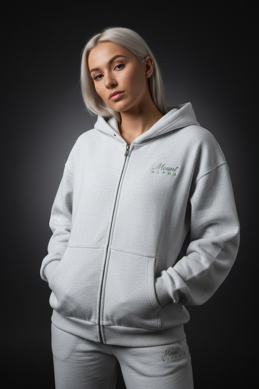 Heavyweight Full-Zip Unisex Woman Hoodie - Light Gray/Velvet Green - Mount Alpha Clothing®