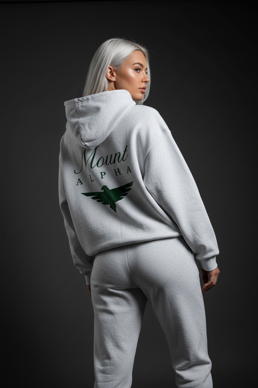 Heavyweight Full-Zip Unisex Woman Hoodie - Light Gray/Velvet Green - Mount Alpha Clothing®