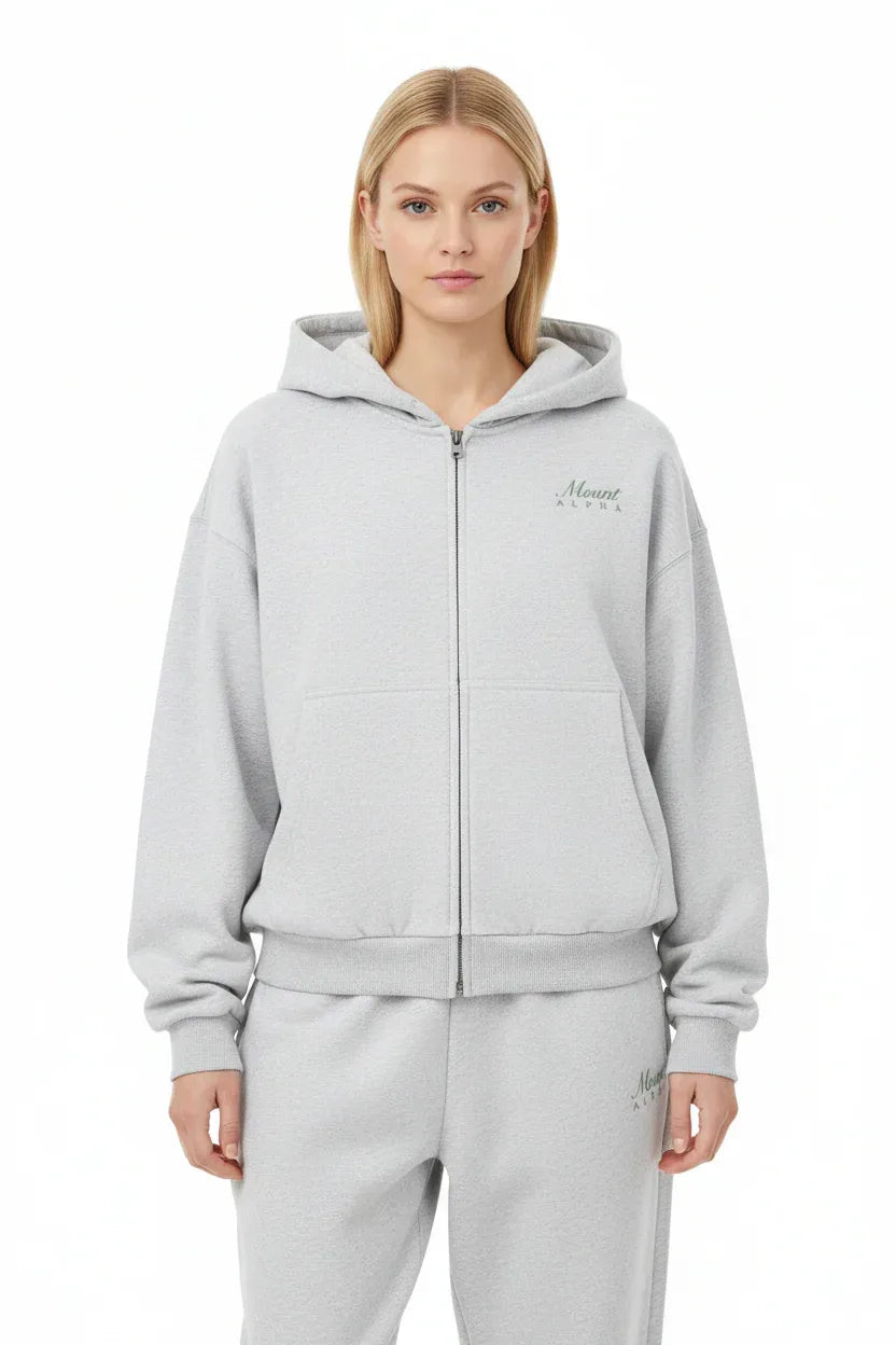 Heavyweight Full-Zip Unisex Woman Hoodie - Light Gray/Velvet Green - Mount Alpha Clothing®