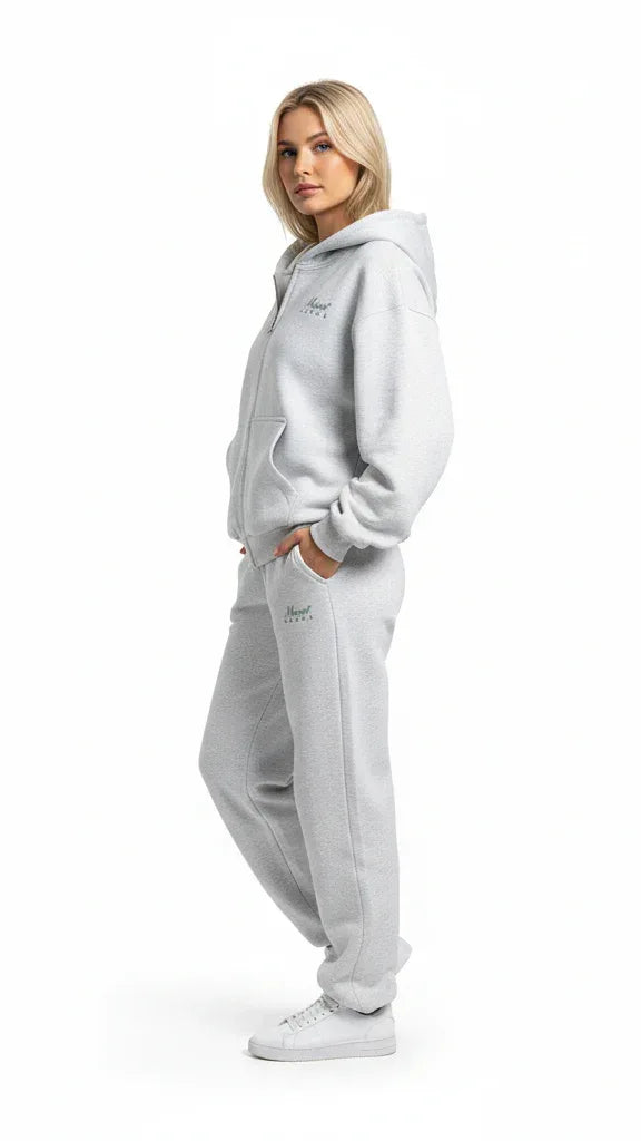 Heavyweight Full-Zip Unisex Woman Hoodie - Light Gray/Velvet Green - Mount Alpha Clothing®