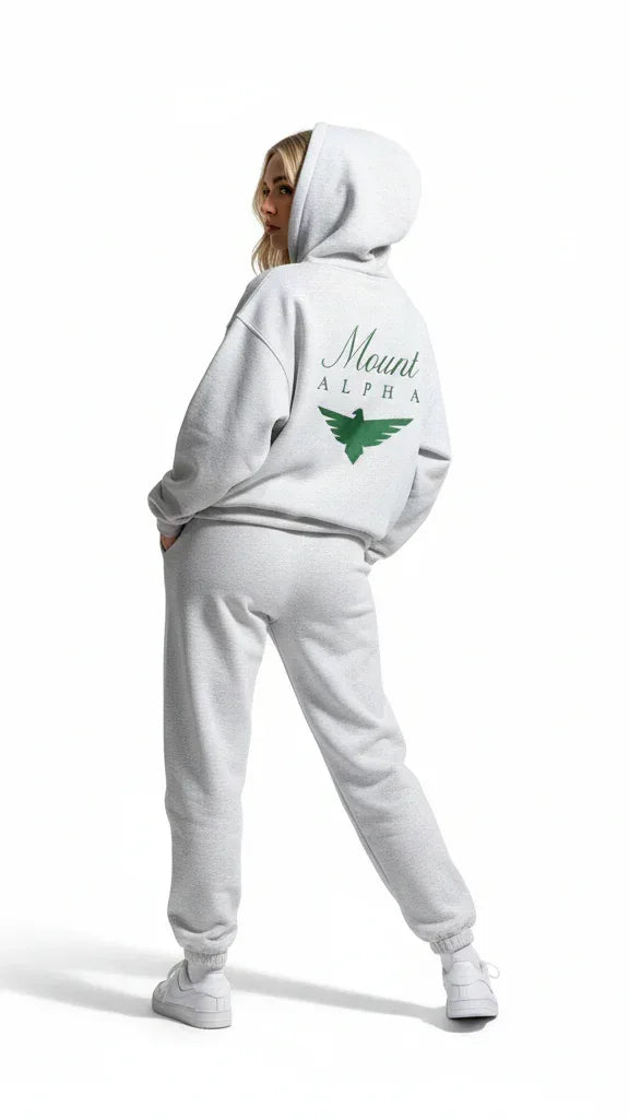 Heavyweight Full-Zip Unisex Woman Hoodie - Light Gray/Velvet Green - Mount Alpha Clothing®