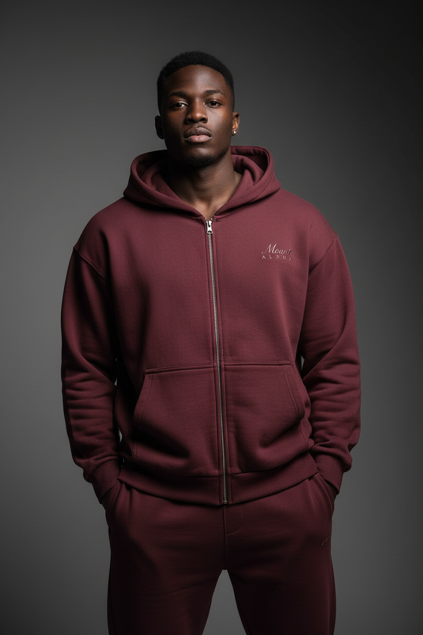 Heavyweight Full-Zip Unisex Men Hoodie - Red Burgund/Velvet Off White - Mount Alpha Clothing®