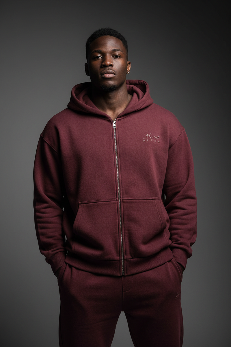 Heavyweight Full-Zip Unisex Men Hoodie - Red Burgund/Velvet Off White - Mount Alpha Clothing®
