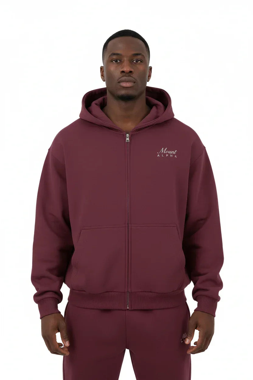 Heavyweight Full-Zip Unisex Men Hoodie - Red Burgund/Velvet Off White - Mount Alpha Clothing®