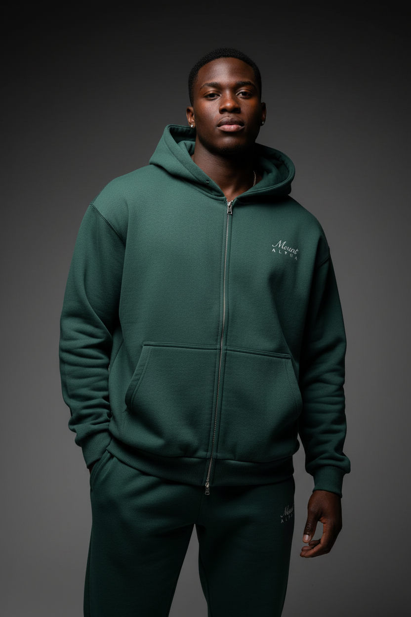 Heavyweight Full-Zip Unisex Men Hoodie - Green/Velvet Off White - Mount Alpha Clothing®