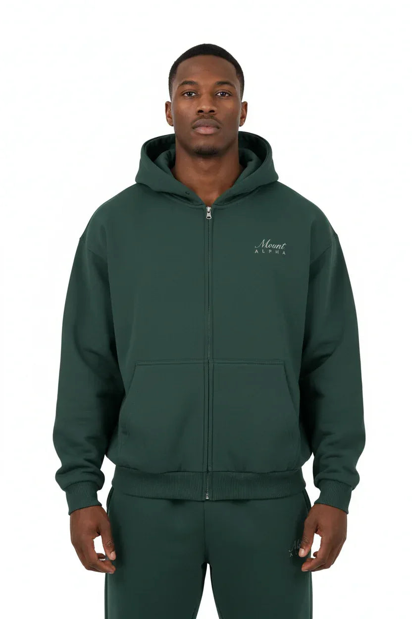 Heavyweight Full-Zip Unisex Men Hoodie - Green/Velvet Off White - Mount Alpha Clothing®