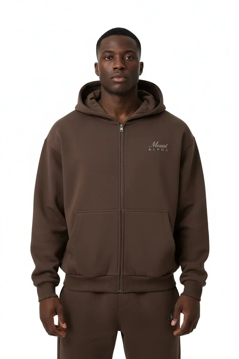 Heavyweight Full-Zip Unisex Men Hoodie - Brown/Velvet Off White - Mount Alpha Clothing®