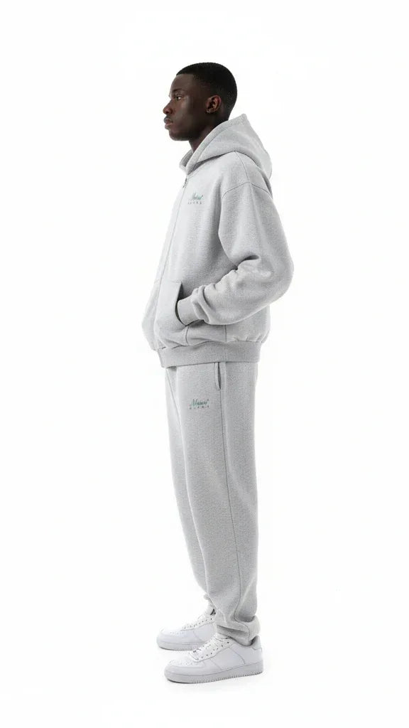 Heavyweight Full-Zip Unisex Men Hoodie - Light Gray/Velvet Green - Mount Alpha Clothing®