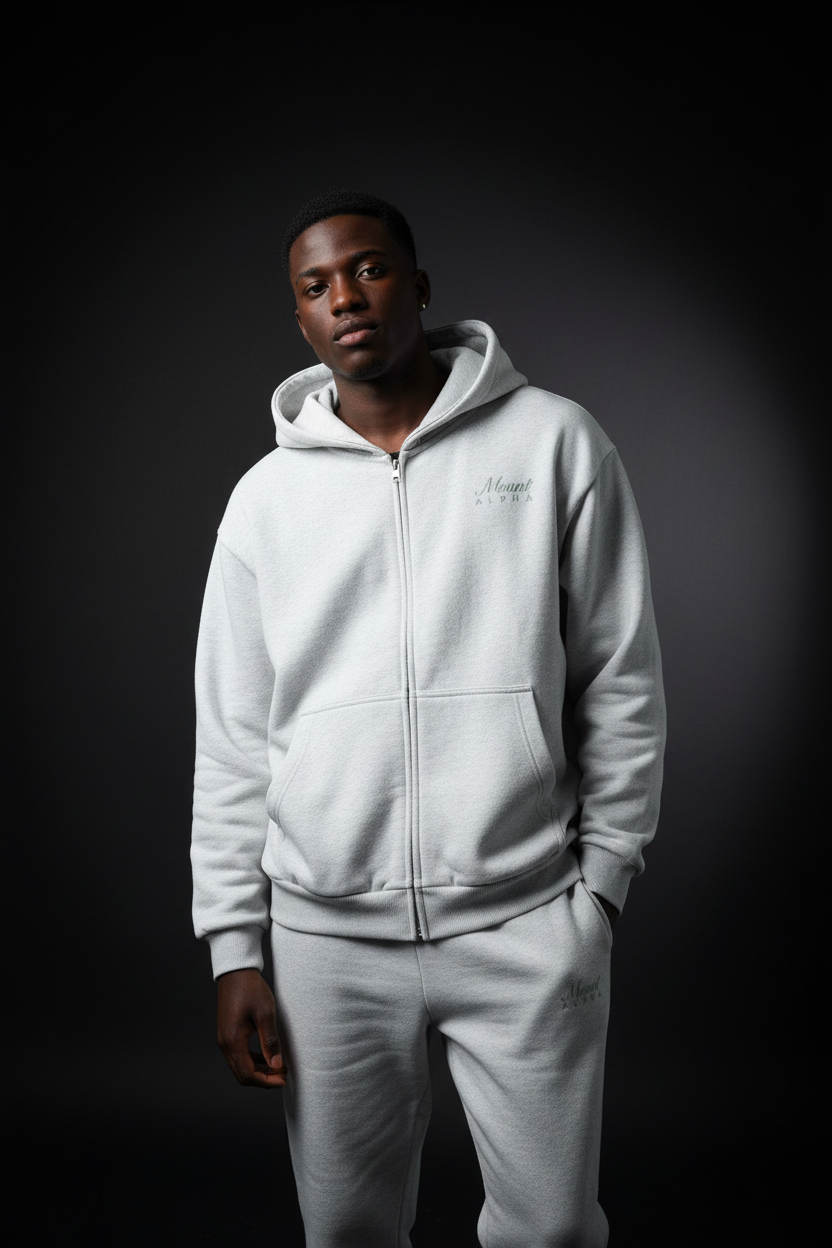 Heavyweight Full-Zip Unisex Men Hoodie - Light Gray/Velvet Green - Mount Alpha Clothing®