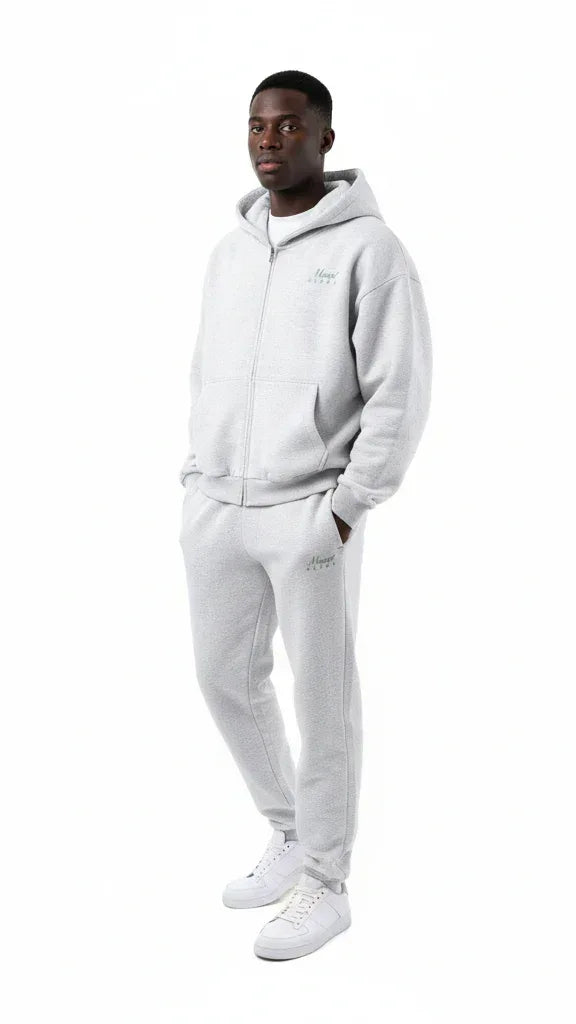 Heavyweight Full-Zip Unisex Men Hoodie - Light Gray/Velvet Green - Mount Alpha Clothing®