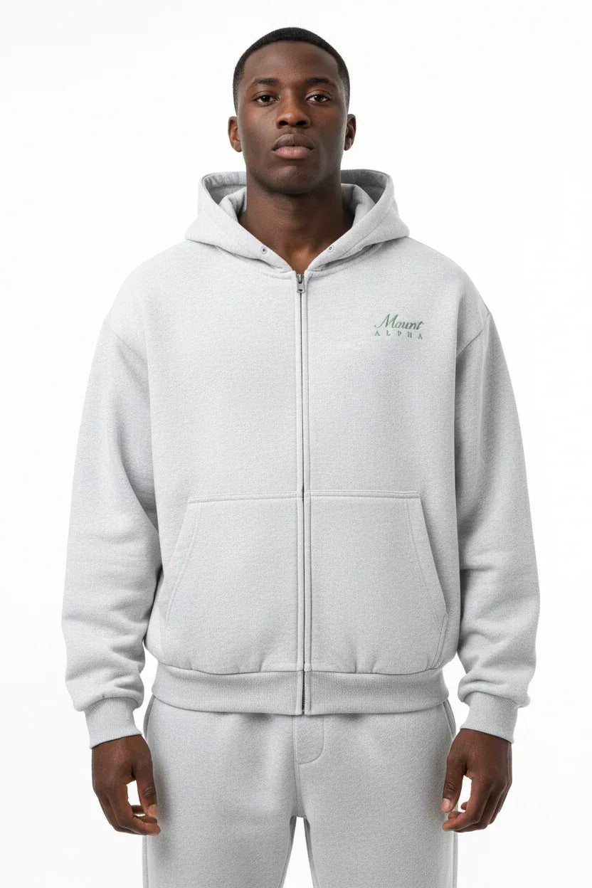Heavyweight Full-Zip Unisex Men Hoodie - Light Gray/Velvet Green - Mount Alpha Clothing®